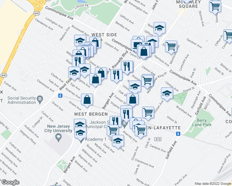 map of restaurants, bars, coffee shops, grocery stores, and more near 105 Oak Street in Jersey City