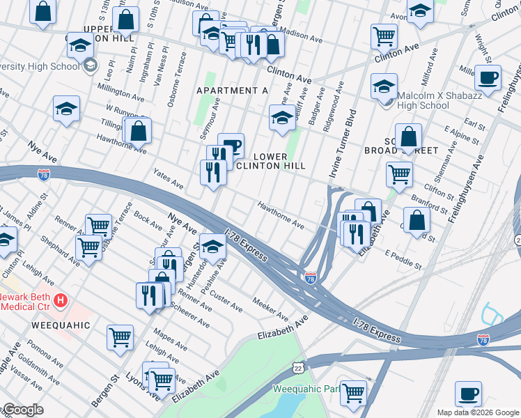 map of restaurants, bars, coffee shops, grocery stores, and more near 358 Peshine Avenue in Newark