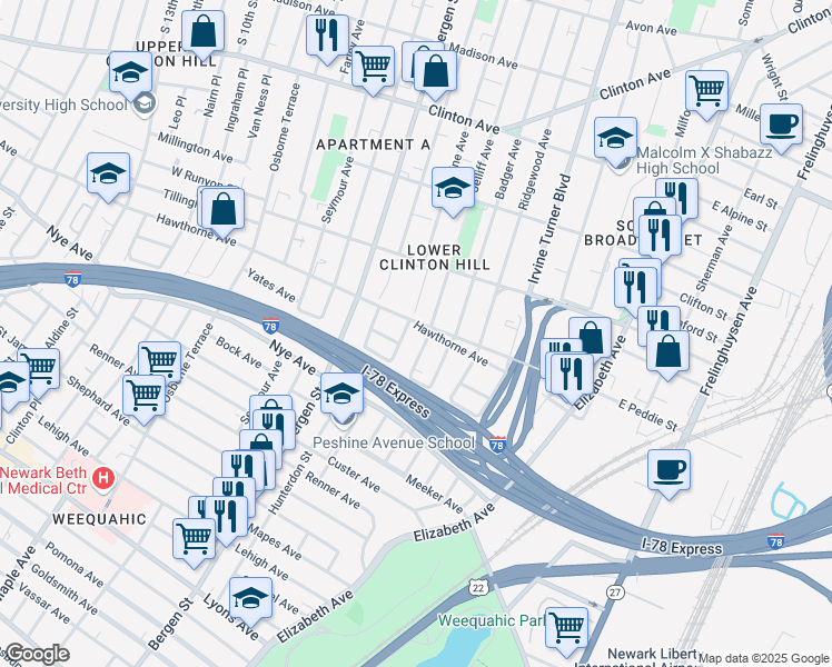 map of restaurants, bars, coffee shops, grocery stores, and more near 358 Peshine Avenue in Newark