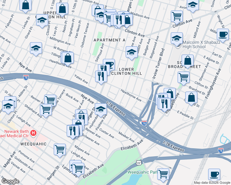 map of restaurants, bars, coffee shops, grocery stores, and more near 358 Peshine Avenue in Newark