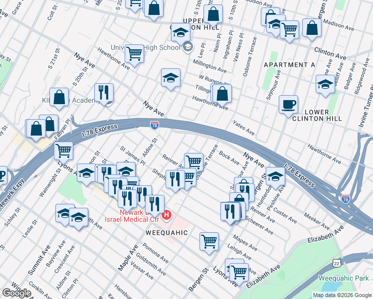 map of restaurants, bars, coffee shops, grocery stores, and more near 95 Schuyler Avenue in Newark
