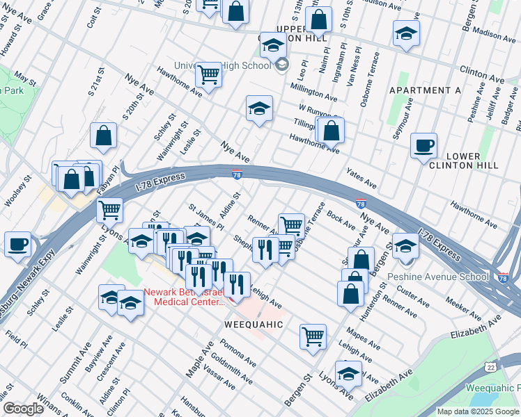 map of restaurants, bars, coffee shops, grocery stores, and more near 321-323 Renner Avenue in Newark