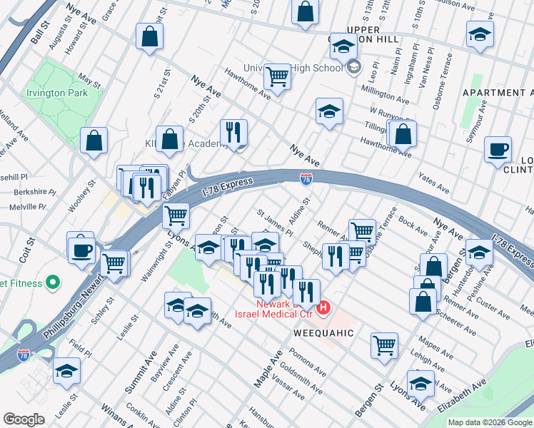 map of restaurants, bars, coffee shops, grocery stores, and more near 38 Willoughby Street in Newark
