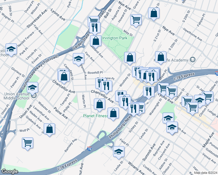 map of restaurants, bars, coffee shops, grocery stores, and more near 320 Coit Street in Irvington