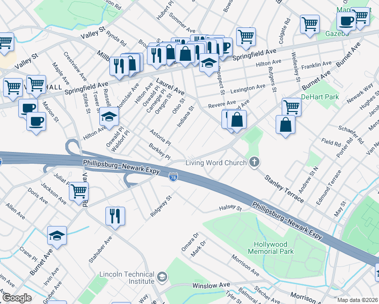 map of restaurants, bars, coffee shops, grocery stores, and more near 1670 Burnet Avenue in Union