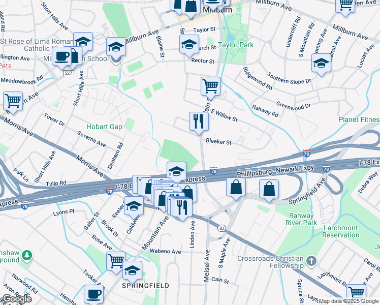 map of restaurants, bars, coffee shops, grocery stores, and more near 305 Main St in Millburn