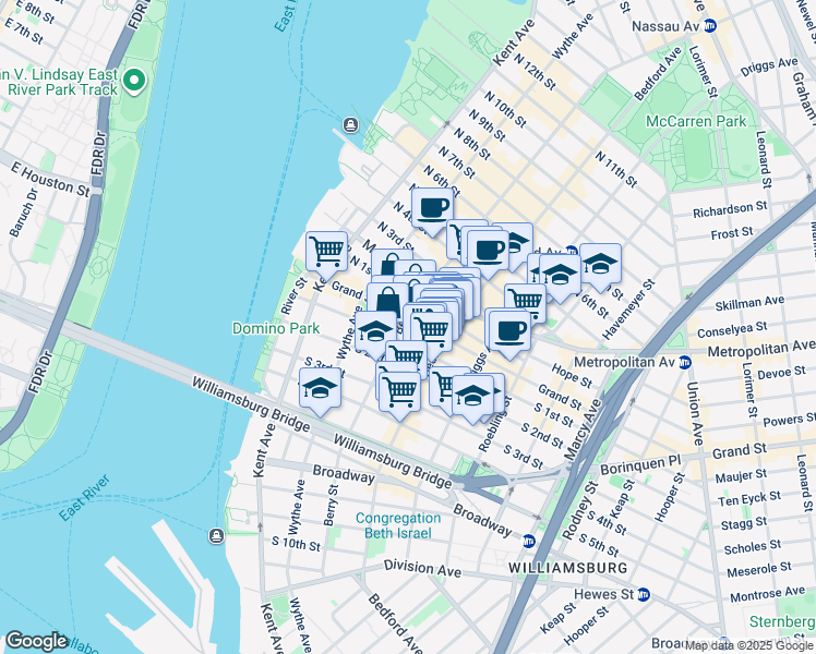map of restaurants, bars, coffee shops, grocery stores, and more near 156 Grand Street in Brooklyn