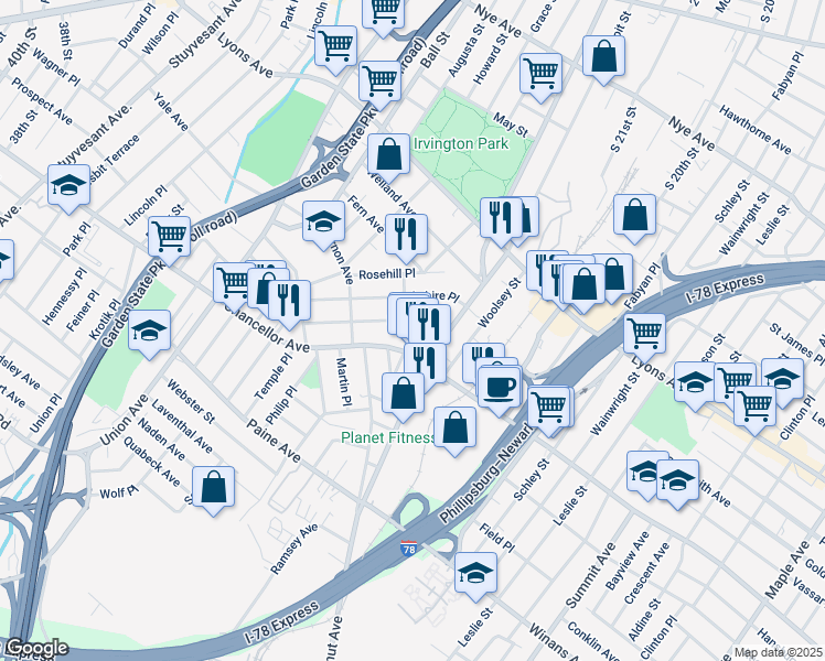 map of restaurants, bars, coffee shops, grocery stores, and more near 47 Norwood Avenue in Irvington