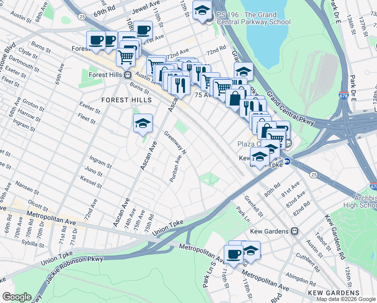 map of restaurants, bars, coffee shops, grocery stores, and more near 1-26 Greenway North in Queens