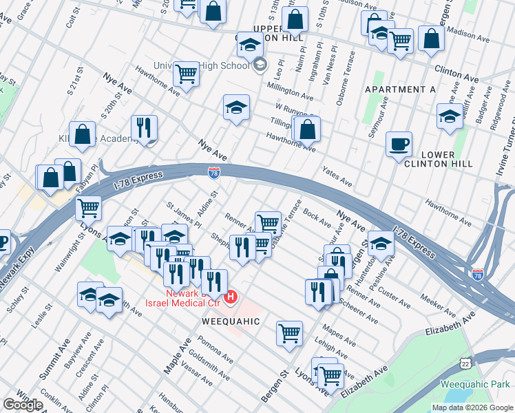 map of restaurants, bars, coffee shops, grocery stores, and more near 95 Schuyler Avenue in Newark