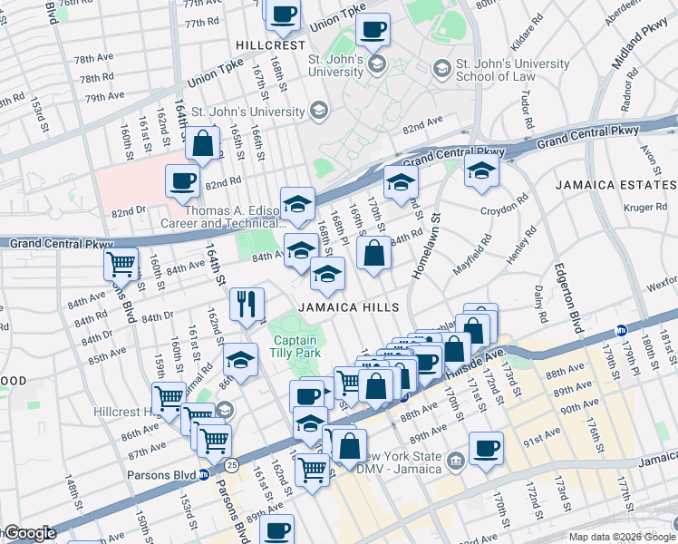 map of restaurants, bars, coffee shops, grocery stores, and more near 84-49 168th Street in Queens