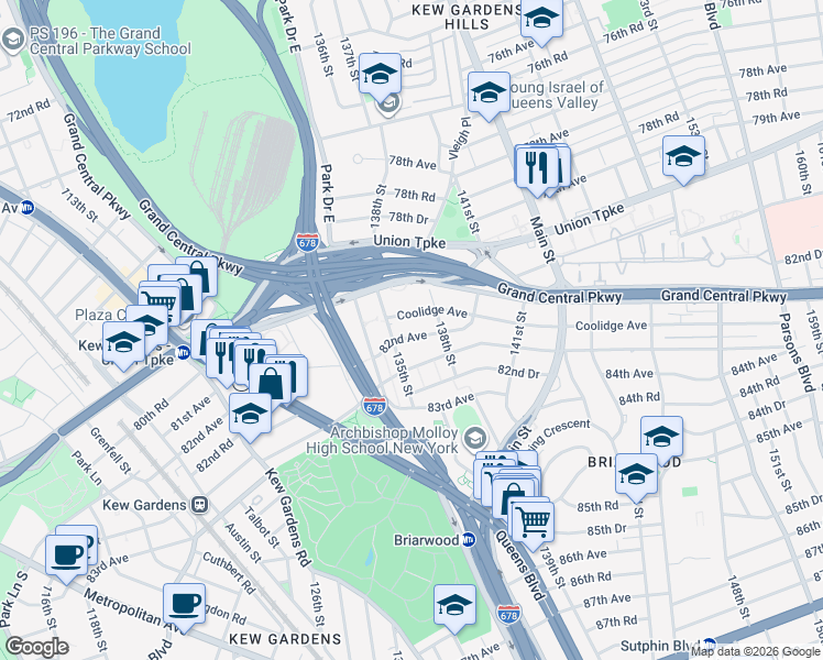 map of restaurants, bars, coffee shops, grocery stores, and more near 135-19 82nd Avenue in Queens