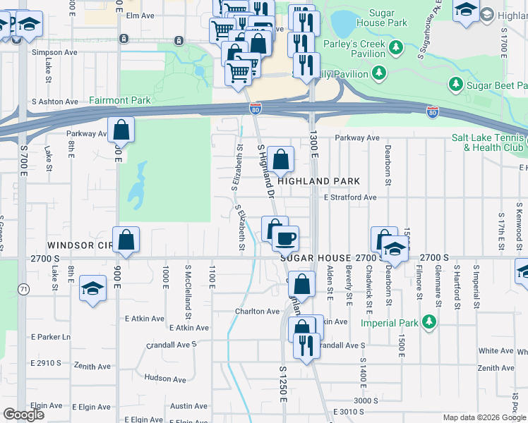 map of restaurants, bars, coffee shops, grocery stores, and more near 1199 East Crystal Avenue in Salt Lake City