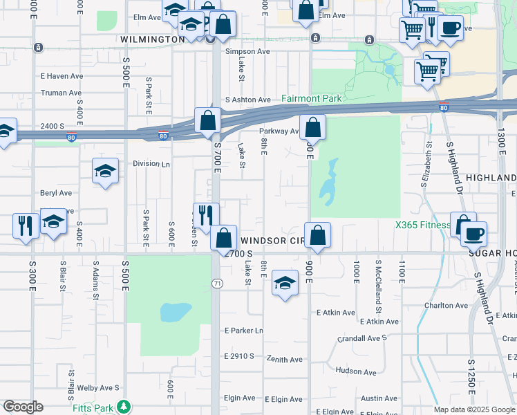 map of restaurants, bars, coffee shops, grocery stores, and more near 2582 800 East in Salt Lake City