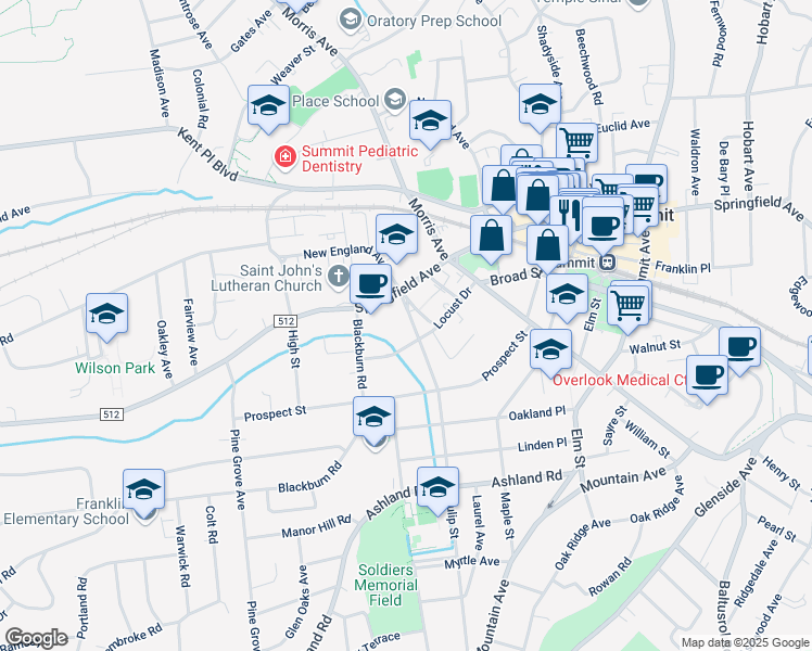 map of restaurants, bars, coffee shops, grocery stores, and more near 9 Tulip Street in Summit