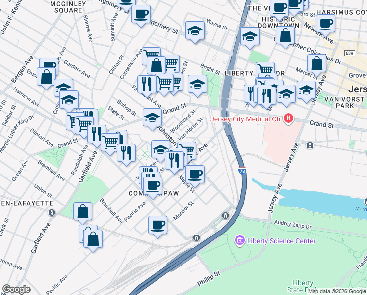 map of restaurants, bars, coffee shops, grocery stores, and more near 390 Halladay Street in Jersey City
