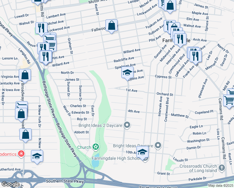 map of restaurants, bars, coffee shops, grocery stores, and more near 36 2nd Avenue in Farmingdale