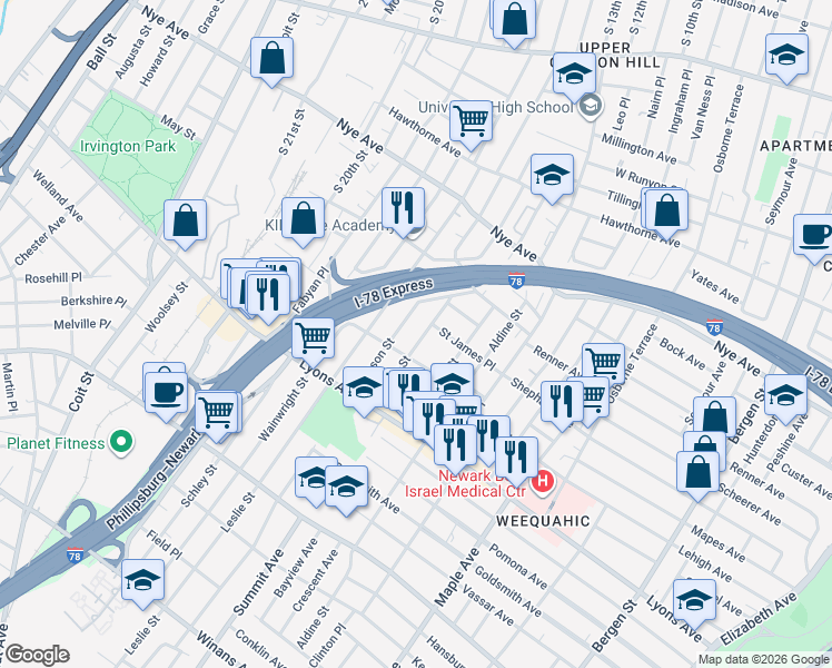 map of restaurants, bars, coffee shops, grocery stores, and more near 146 Dewey Street in Newark