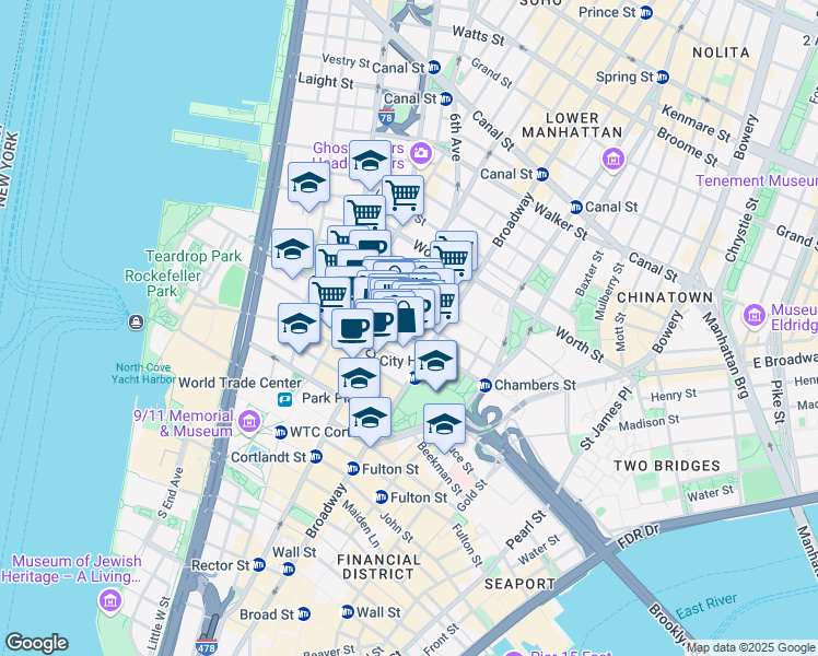 map of restaurants, bars, coffee shops, grocery stores, and more near 277 Broadway in New York