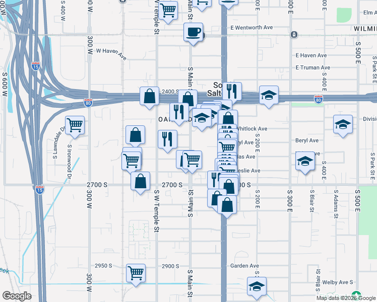 map of restaurants, bars, coffee shops, grocery stores, and more near 15 West Stratford Avenue in South Salt Lake