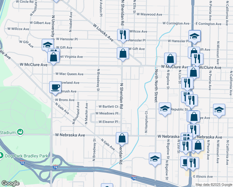 map of restaurants, bars, coffee shops, grocery stores, and more near 2203 North Sheridan Road in Peoria