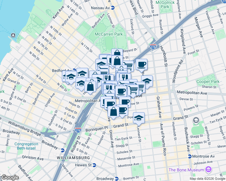 map of restaurants, bars, coffee shops, grocery stores, and more near 36 Conselyea Street in Brooklyn