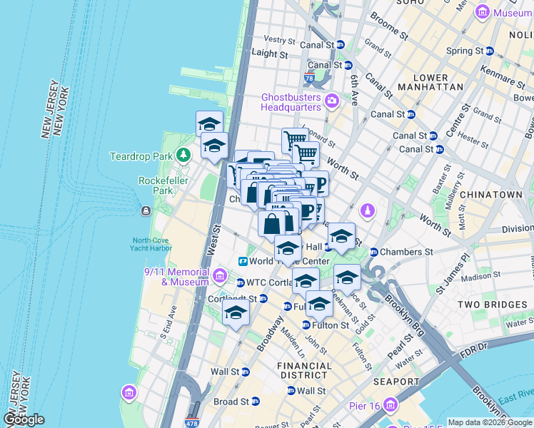 map of restaurants, bars, coffee shops, grocery stores, and more near 75 Murray Street in New York