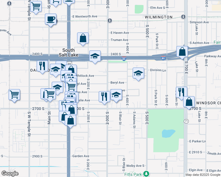 map of restaurants, bars, coffee shops, grocery stores, and more near 311 Vidas Avenue in South Salt Lake