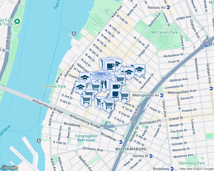 map of restaurants, bars, coffee shops, grocery stores, and more near 172 North 1st Street in Brooklyn