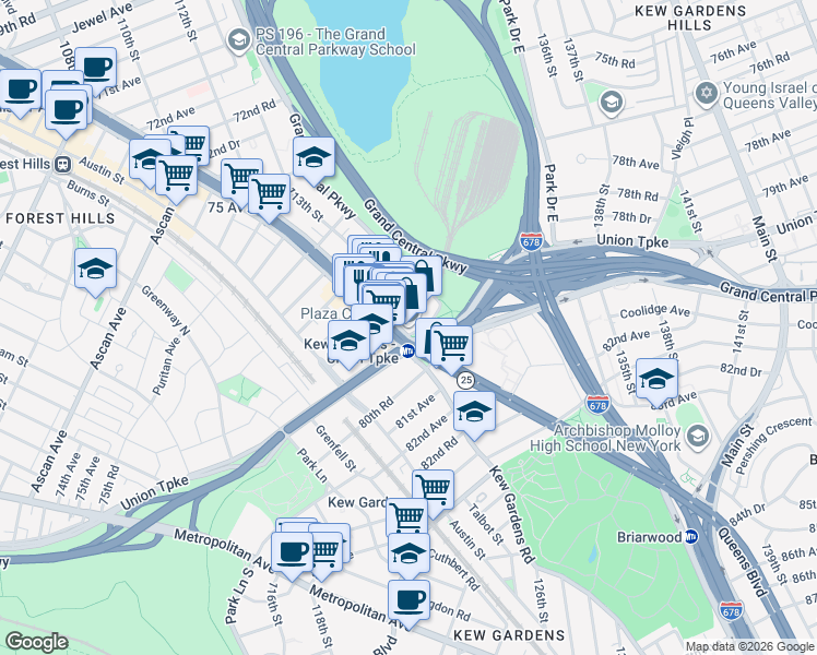 map of restaurants, bars, coffee shops, grocery stores, and more near 118-33 Queens Boulevard in Queens
