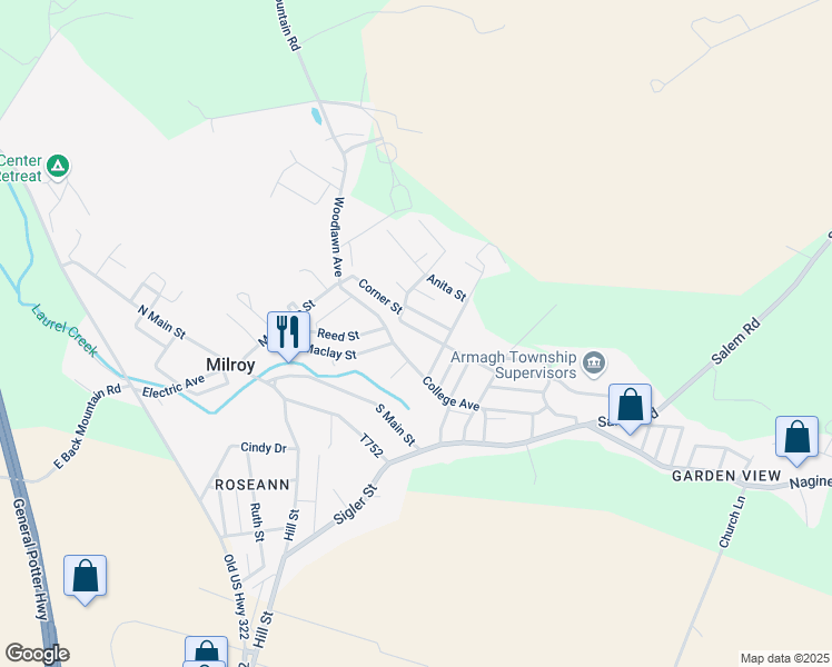 map of restaurants, bars, coffee shops, grocery stores, and more near 110 Broad Street in Milroy