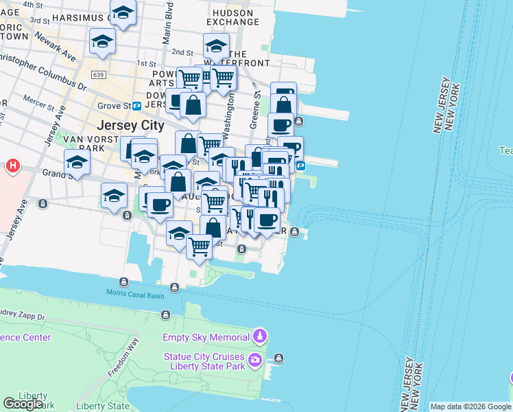 map of restaurants, bars, coffee shops, grocery stores, and more near 70 Greene Street in Jersey City