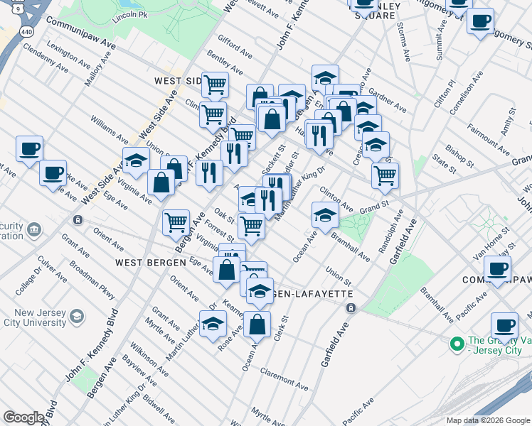 map of restaurants, bars, coffee shops, grocery stores, and more near 481 Martin Luther King Drive in Jersey City