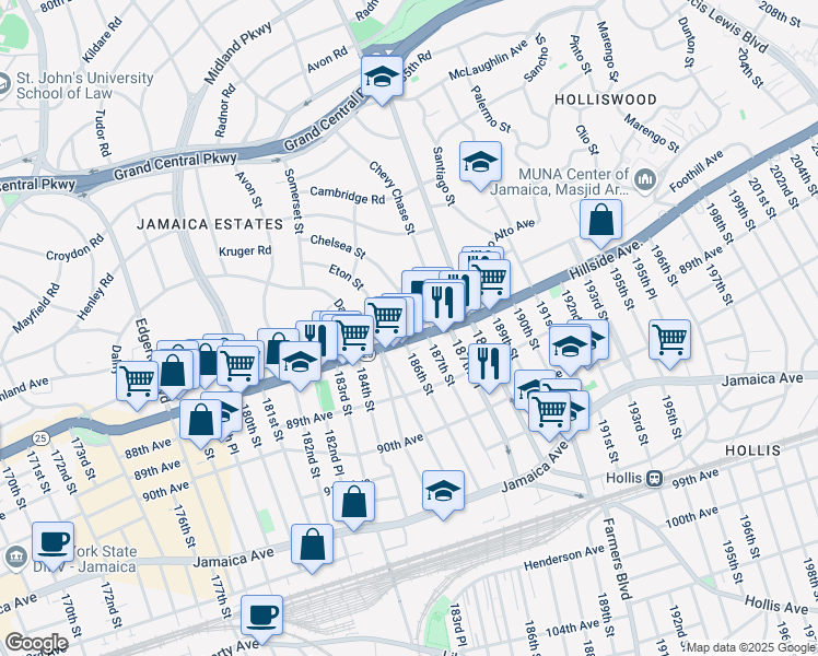 map of restaurants, bars, coffee shops, grocery stores, and more near 186-06 Hillside Avenue in Queens