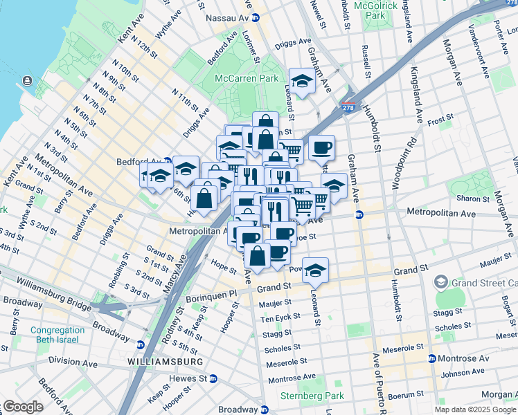 map of restaurants, bars, coffee shops, grocery stores, and more near 609 Lorimer Street in Brooklyn