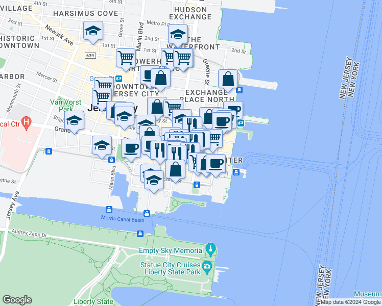 map of restaurants, bars, coffee shops, grocery stores, and more near 77 Sussex Street in Jersey City