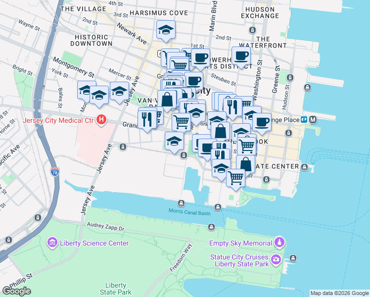 map of restaurants, bars, coffee shops, grocery stores, and more near 201 Marin Boulevard in Jersey City