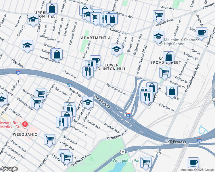 map of restaurants, bars, coffee shops, grocery stores, and more near 148 Hawthorne Avenue in Newark
