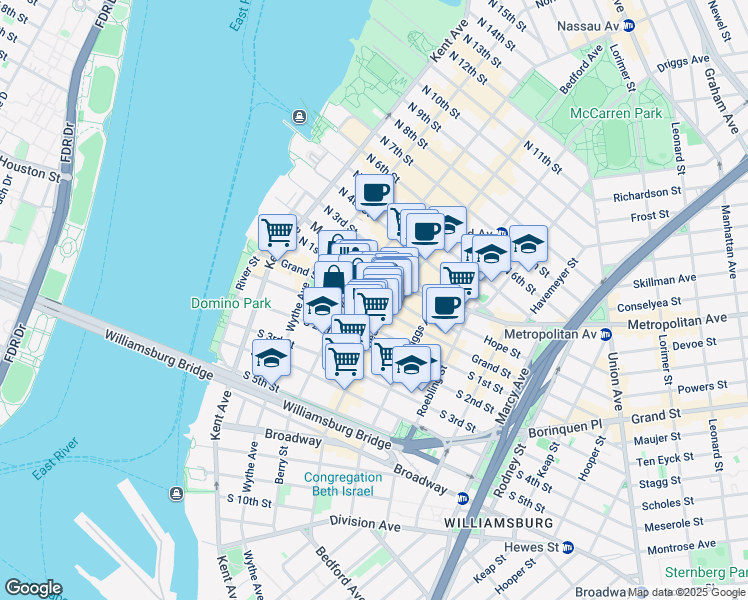 map of restaurants, bars, coffee shops, grocery stores, and more near 156 Grand Street in Brooklyn