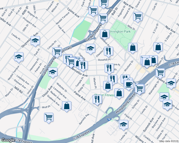 map of restaurants, bars, coffee shops, grocery stores, and more near 625-33 Chancellor Avenue in Irvington