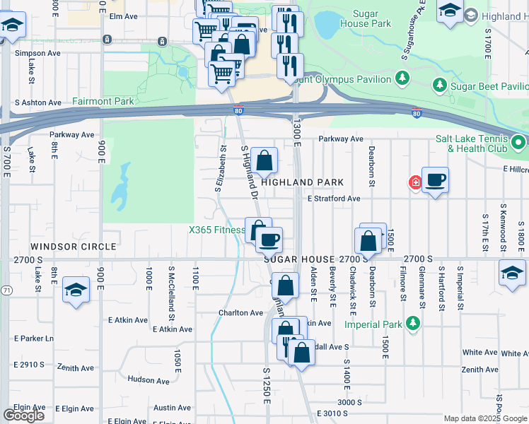 map of restaurants, bars, coffee shops, grocery stores, and more near 2623 South Highland Drive in Salt Lake City
