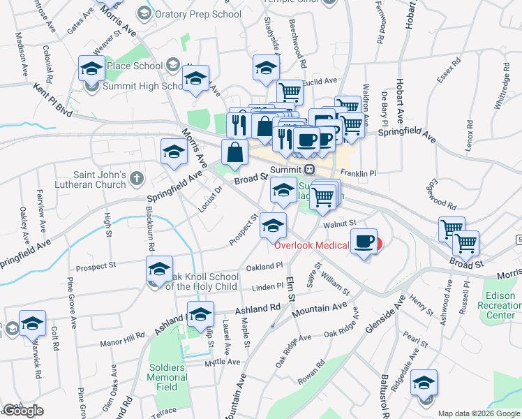 map of restaurants, bars, coffee shops, grocery stores, and more near 2 Prospect Street in Summit