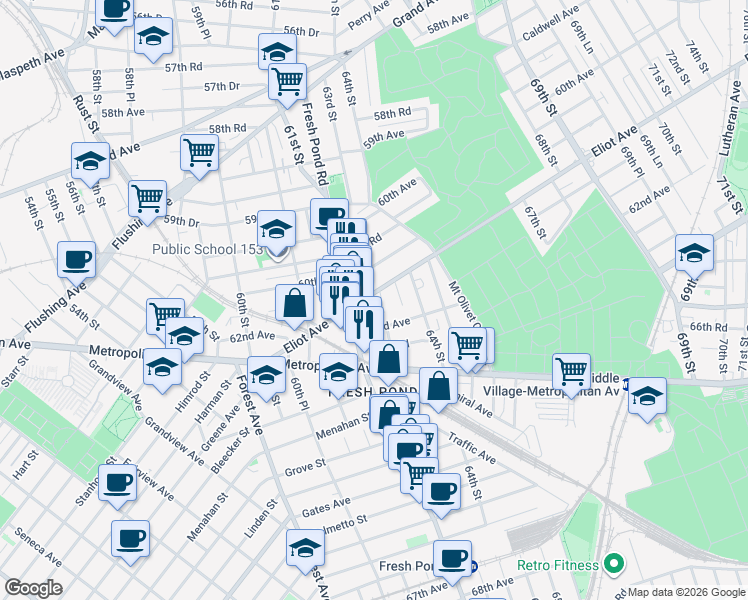map of restaurants, bars, coffee shops, grocery stores, and more near 61-56 Eliot Avenue in Queens
