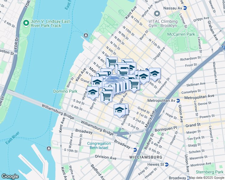 map of restaurants, bars, coffee shops, grocery stores, and more near 172 North 1st Street in Brooklyn