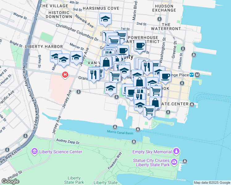 map of restaurants, bars, coffee shops, grocery stores, and more near 201 Marin Boulevard in Jersey City