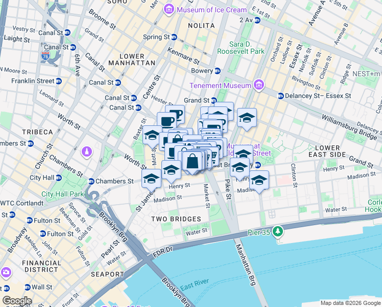 map of restaurants, bars, coffee shops, grocery stores, and more near 20 Confucius Plaza in New York