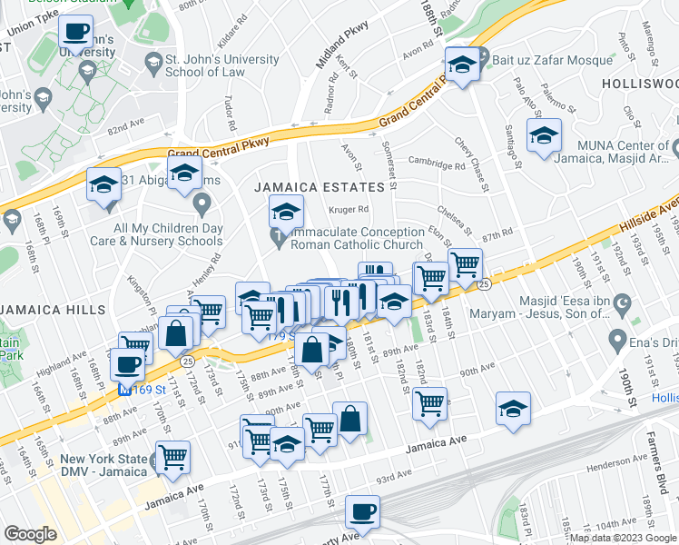 map of restaurants, bars, coffee shops, grocery stores, and more near 86-68 Midland Parkway in Queens