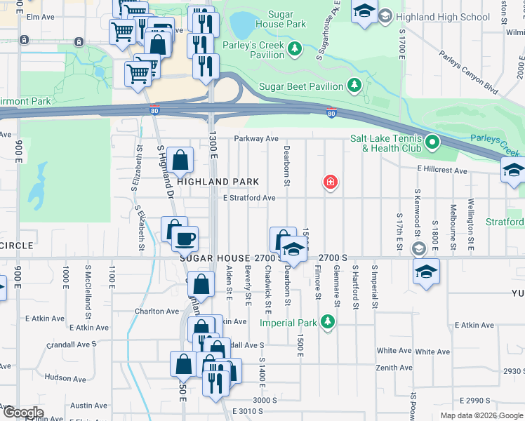 map of restaurants, bars, coffee shops, grocery stores, and more near 2640 Chadwick Street East in Salt Lake City