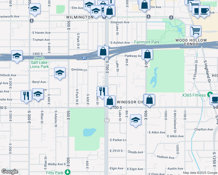 map of restaurants, bars, coffee shops, grocery stores, and more near 669 Crystal Avenue in Salt Lake City