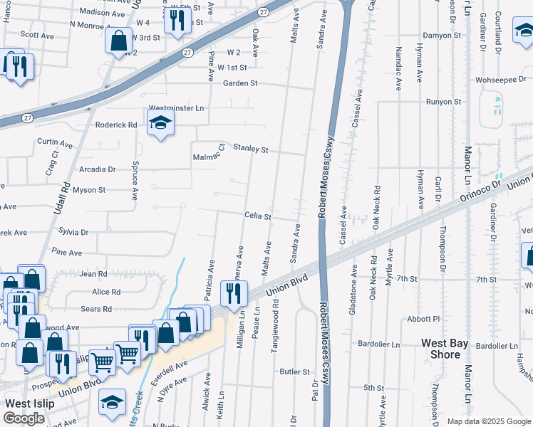 map of restaurants, bars, coffee shops, grocery stores, and more near 1064 Celia Street in West Islip